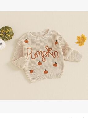 Cream Knit Sweater with Orange Pumpkin Motif